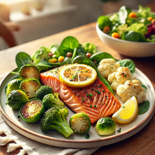Baked Salmon with Roasted Brussels Sprouts and Cauliflower