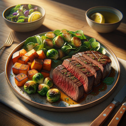 Grilled Steak with Roasted Brussels Sprouts and Sweet Potato