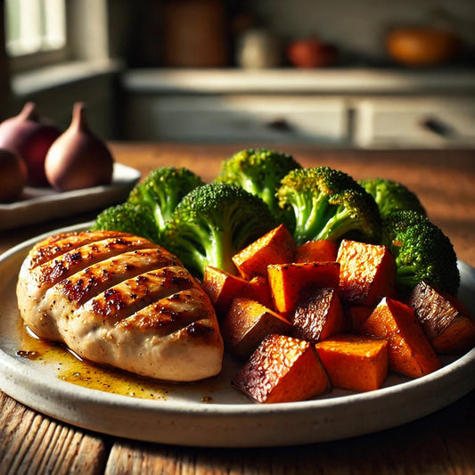 Grilled Chicken Breast with Roasted Sweet Potato and Steamed Broccoli