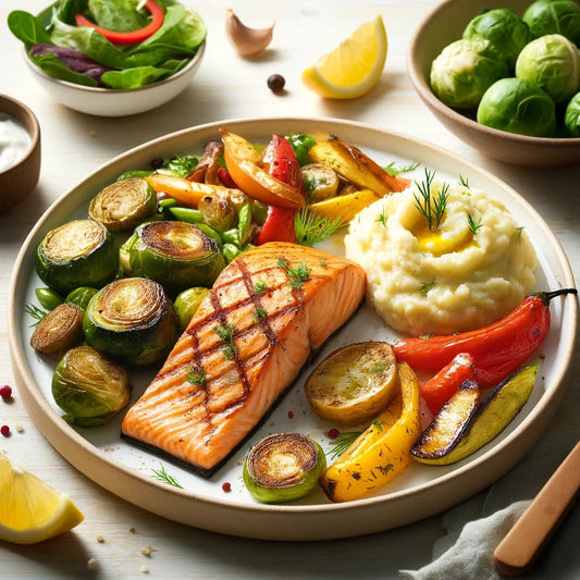 Grilled Salmon with Roasted Vegetables and Cauliflower Mash