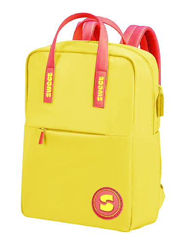 Yellow backpack with pink straps and accents on a white background