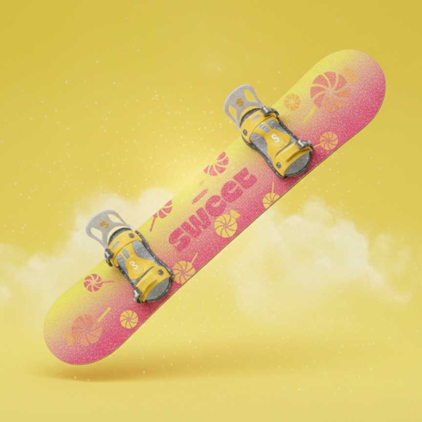 Pink snowboard with yellow bindings on a yellow background