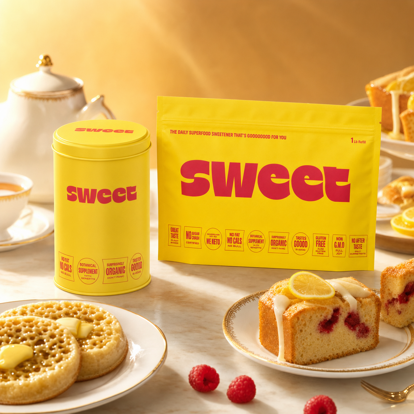 SWEET refill pouch and tin on a breakfast table with crumpets, lemon cake and raspberries