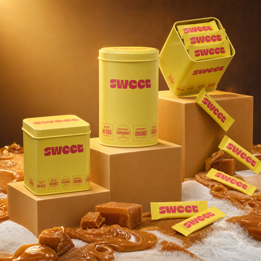 SWEET square and cylinder tins on kraft pedestals with stick packs, caramel and scattered sugar