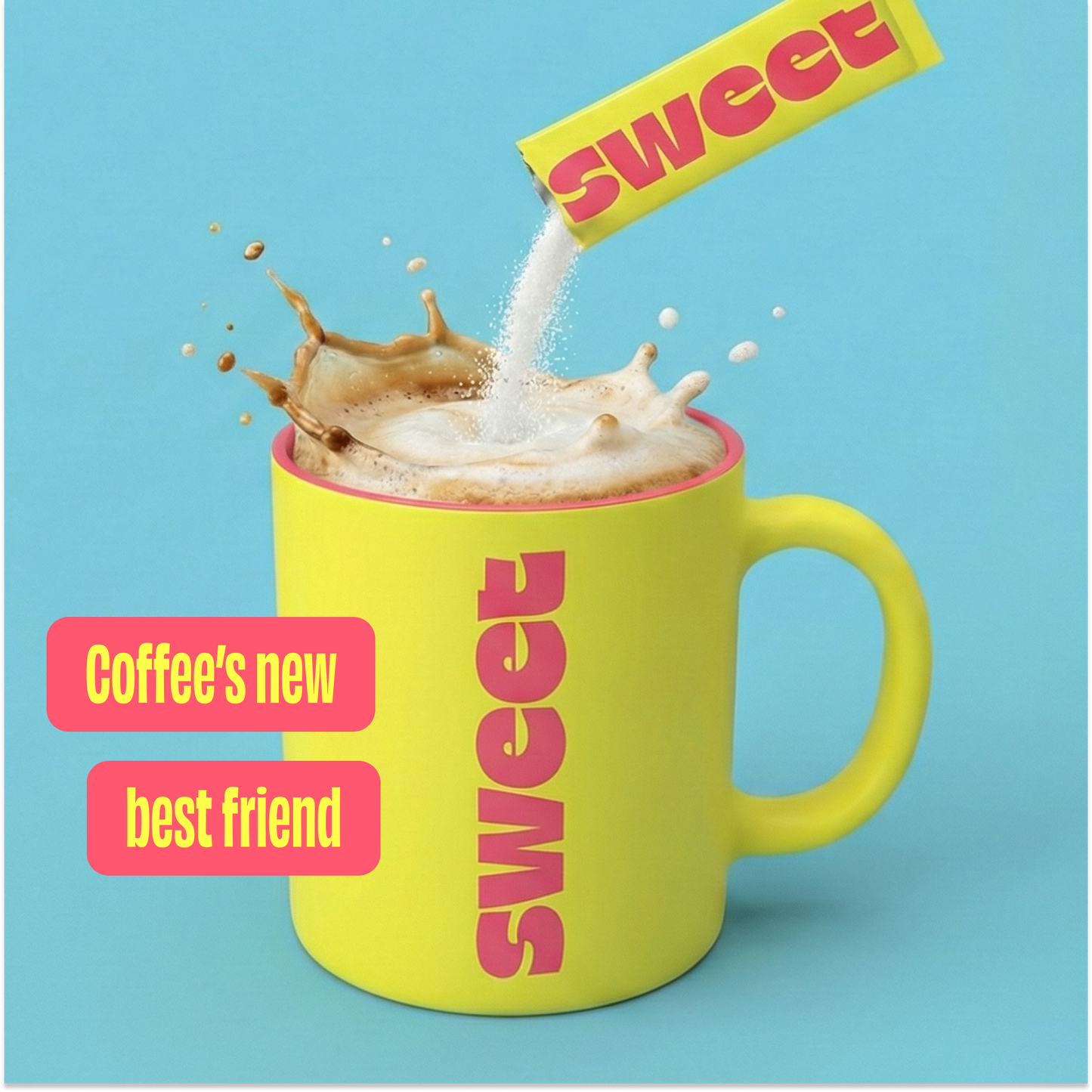 A SWEET stick pack pouring into a yellow mug of coffee, with text reading Coffee's new best friend
