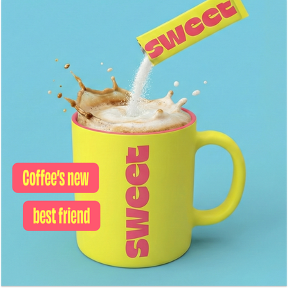 A SWEET stick pack pouring into a yellow mug of coffee, with text reading Coffee's new best friend