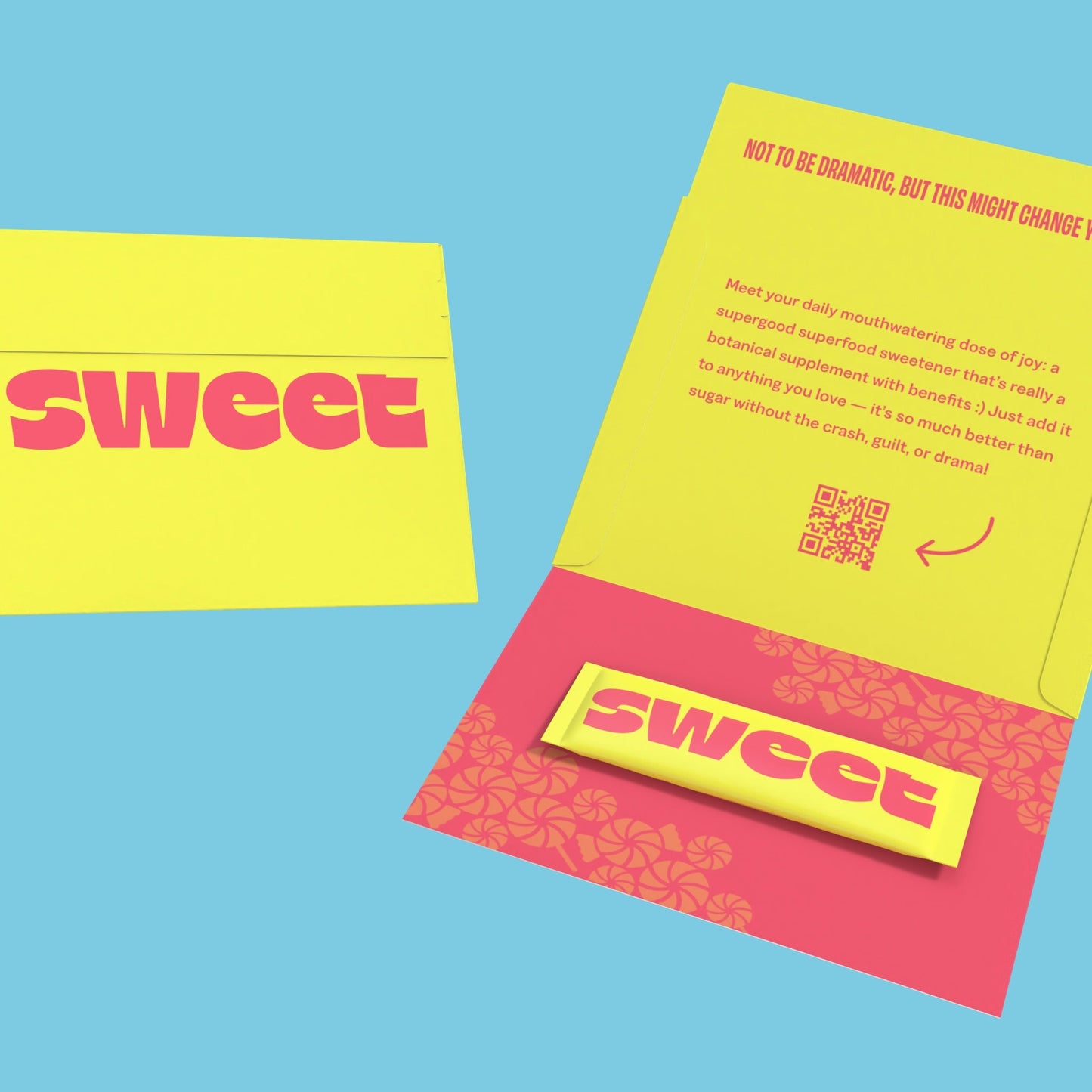 A SWEET Love Letter — opened yellow envelope with a note reading Meet your daily mouthwatering dose of joy, with QR code
