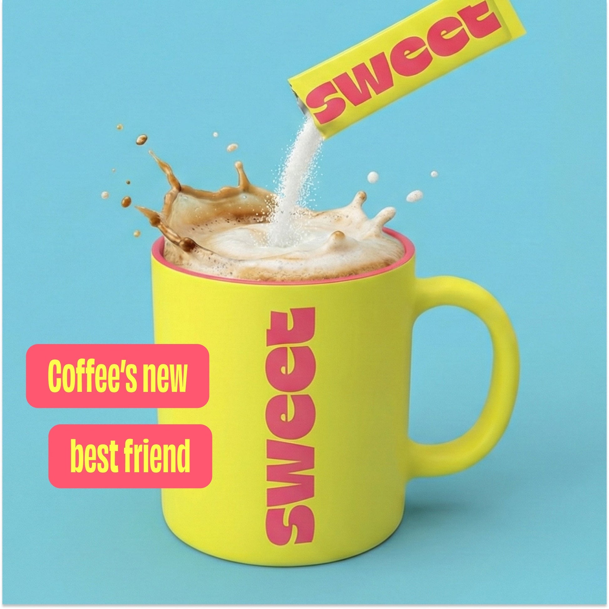 THE SWEETUAL™ — packet pouring sweetener into a splashing coffee mug on blue, text reads Coffee's new best friend