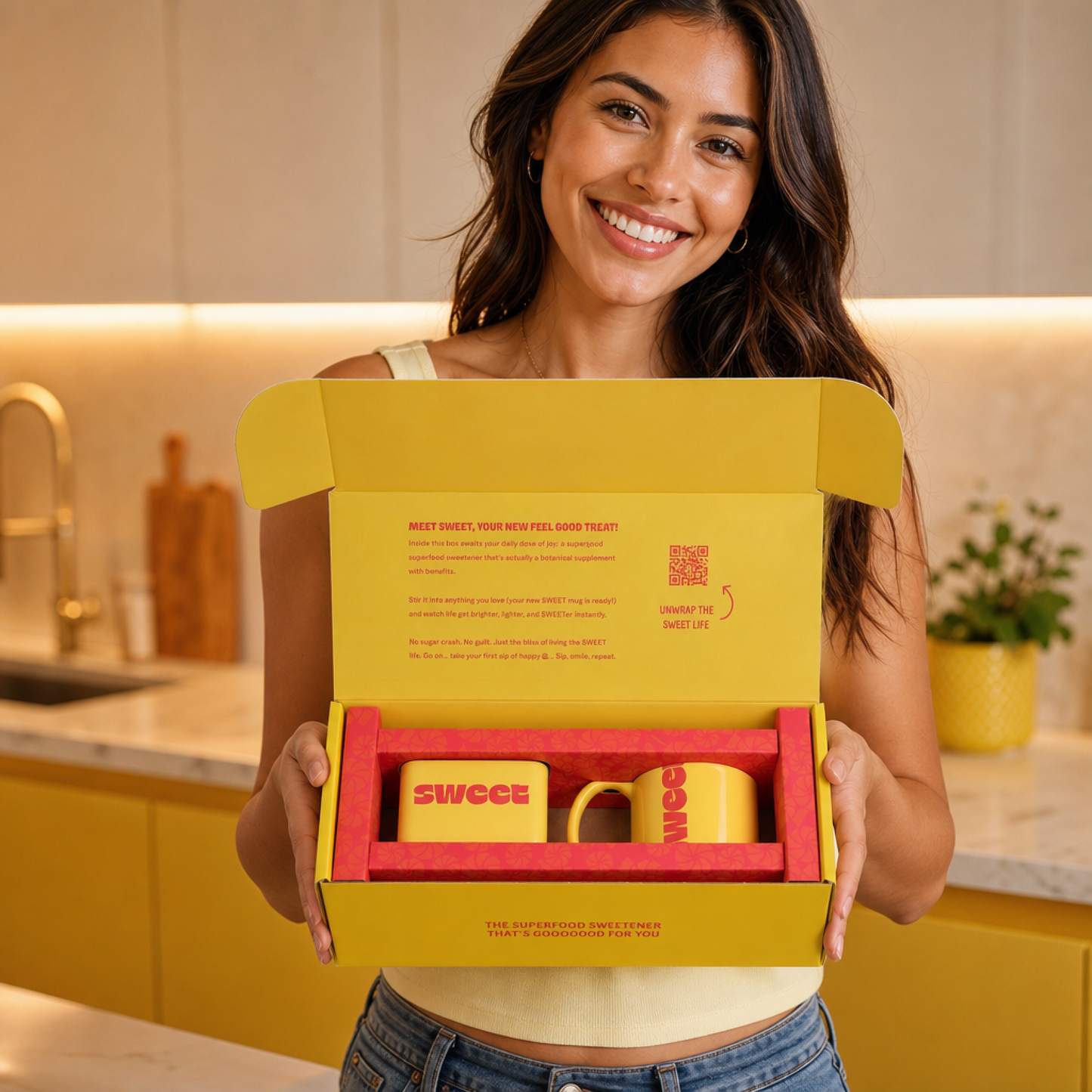 A smiling woman in a kitchen holding an open yellow SWEET shipping box containing a tin