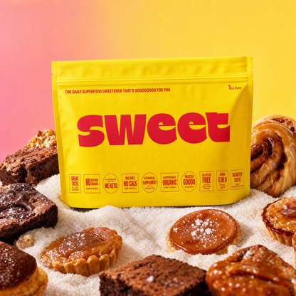 SWEET refill pouch on linen surrounded by cinnamon rolls, brownies and caramel tarts