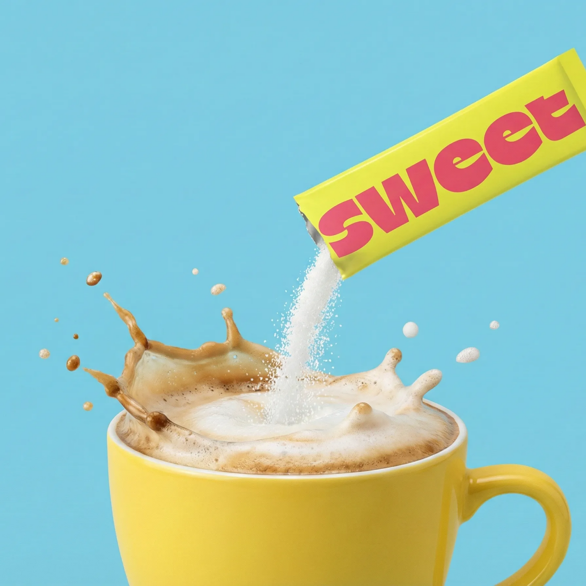 A SWEET stick pack pouring sweetener into a splashing yellow mug of coffee on a blue background