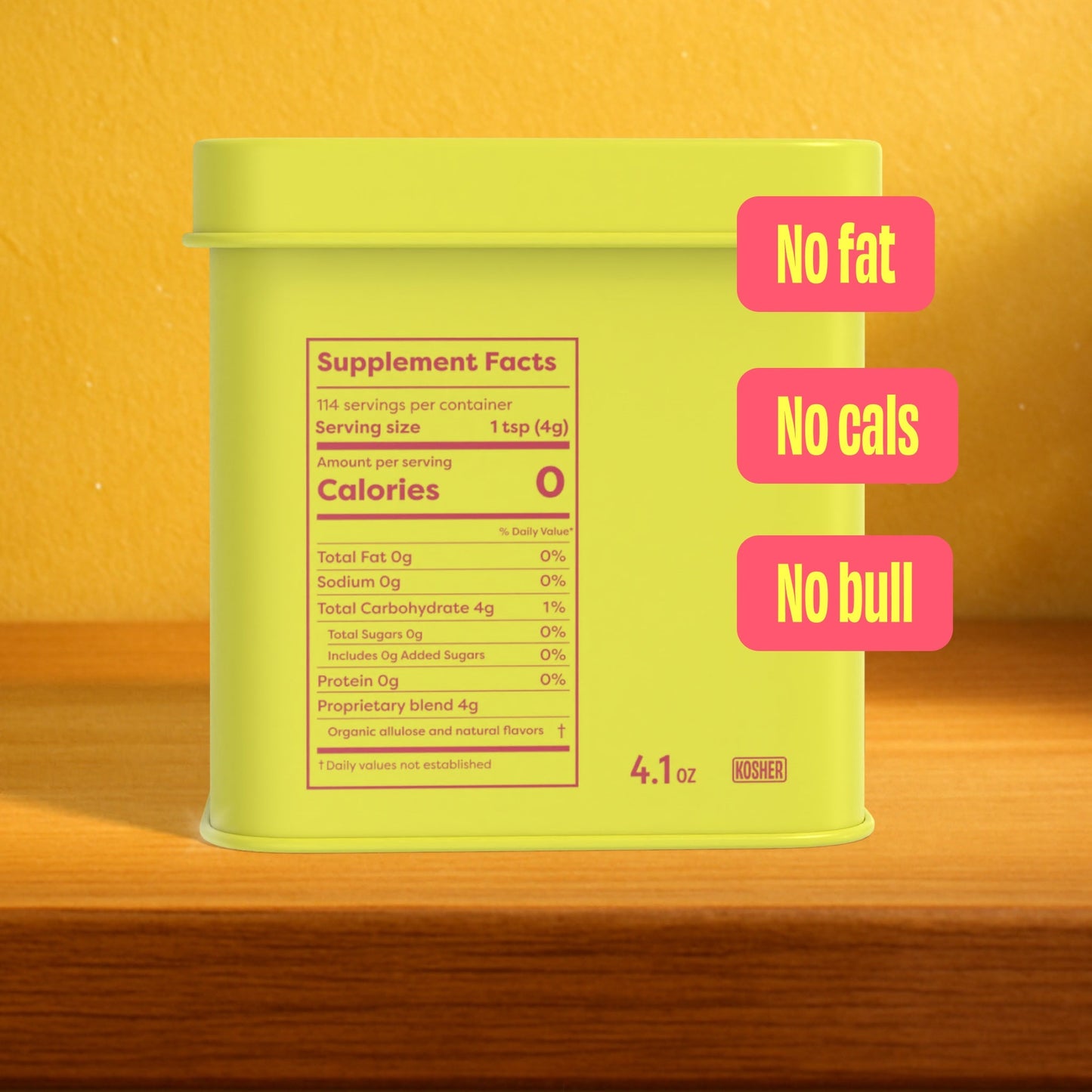 30 x SWEET Hits — back label reading 4.1 oz with callouts No fat, No cals, No bull on a wood counter