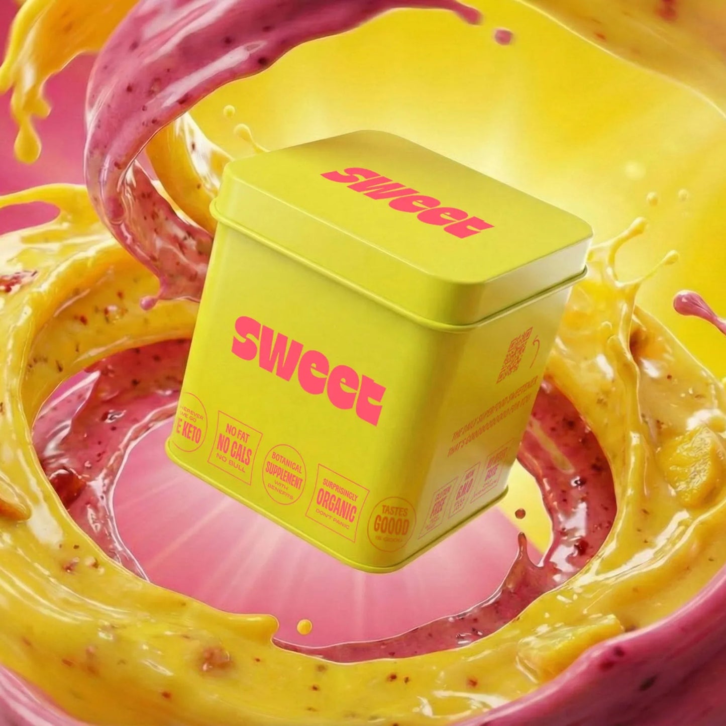 THE SWEETUAL™ — tin floating amid a swirl of pink-yellow smoothie liquid