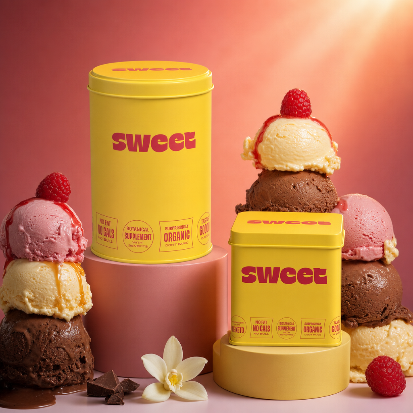 SWEET cylinder and square tins among scoops of ice cream with raspberries, vanilla and chocolate