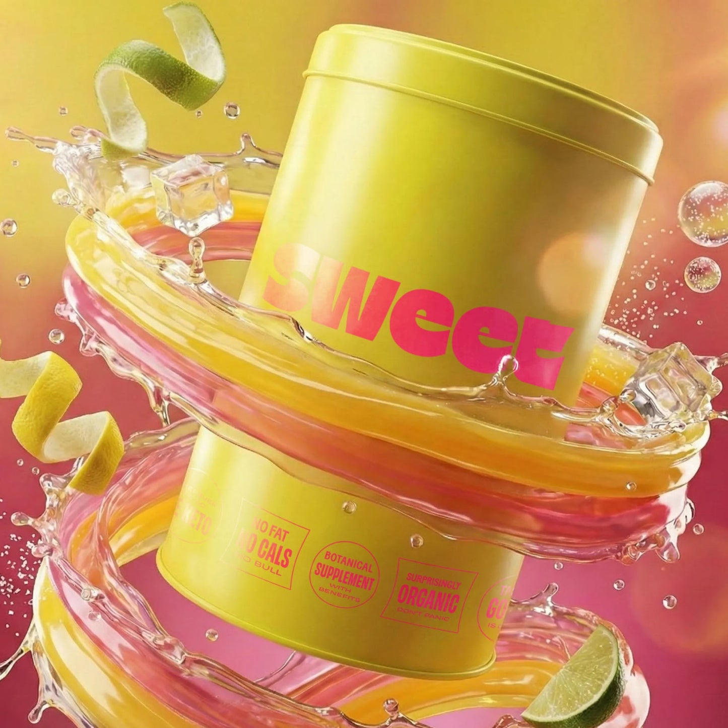 The SWEET Stash 1 Pounder — tin floating amid swirling citrus liquid with ice cubes and curled lime peel