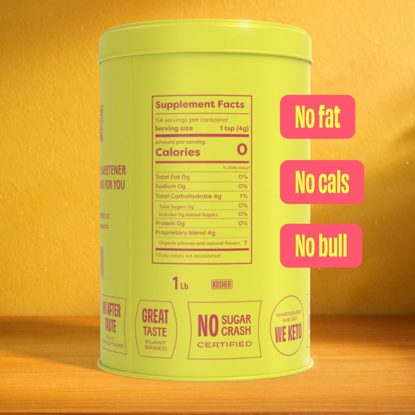 Back label of a SWEET tin with Supplement Facts, 0 calories, and callouts No fat, No cals, No bull